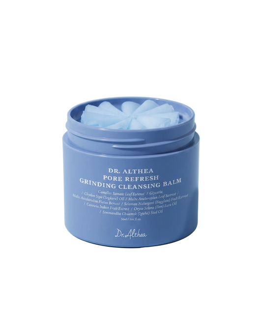 Dr.Althea Pore Refresh Cleansing Balm 50ml - open jar showing the cleansing balm surface, blue background