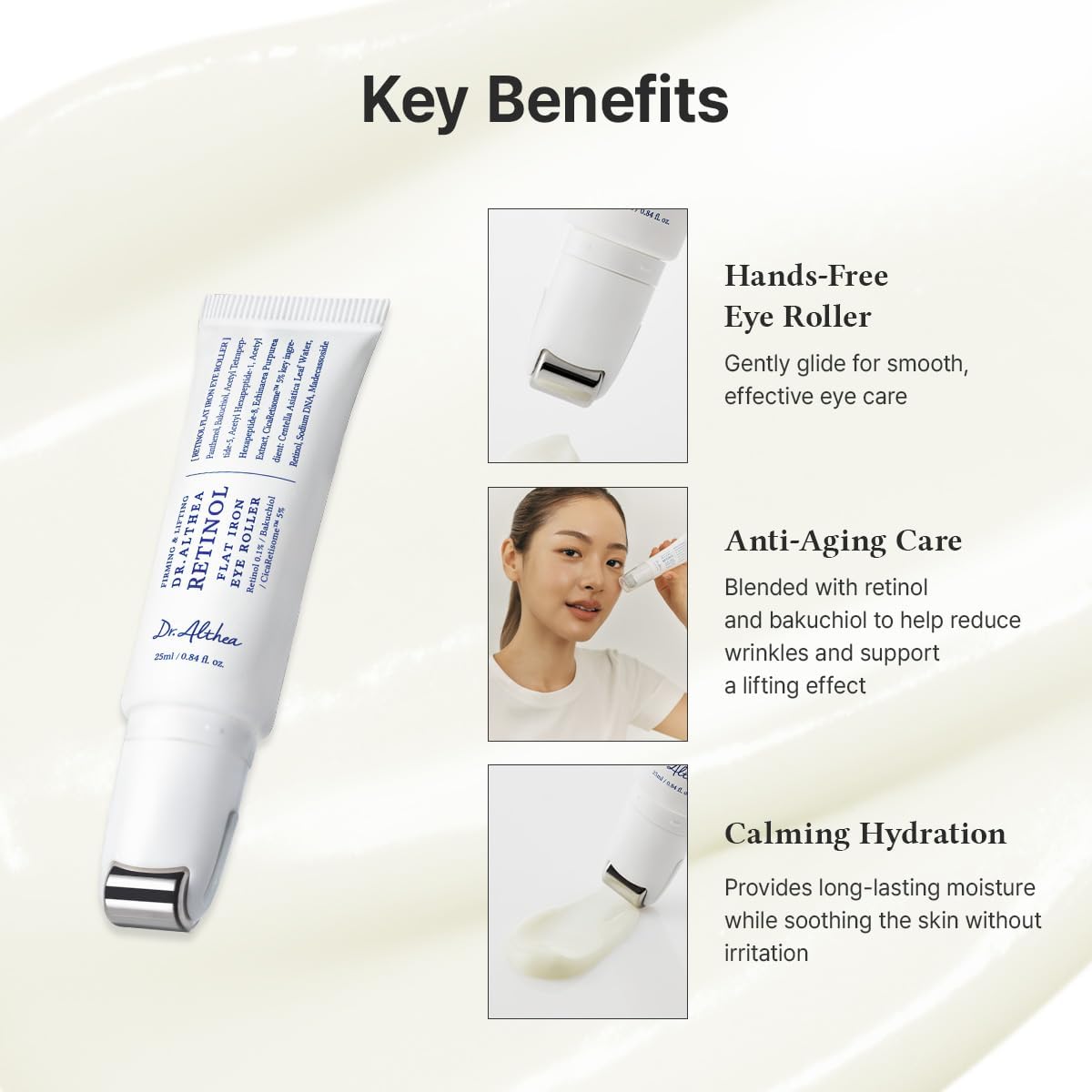 Key benefits: hands-free eye roller, anti-ageing care with retinol and bakuchiol, calming hydration