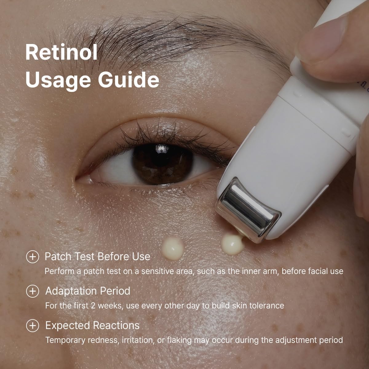 Retinol usage guide beside a close-up of the roller at an eye: patch test first, adapt over two weeks, expect temporary redness or flaking