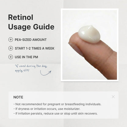 Retinol usage guide with a pea-sized drop on a fingertip: start one to two times a week, use at night, with notes on pregnancy and irritation