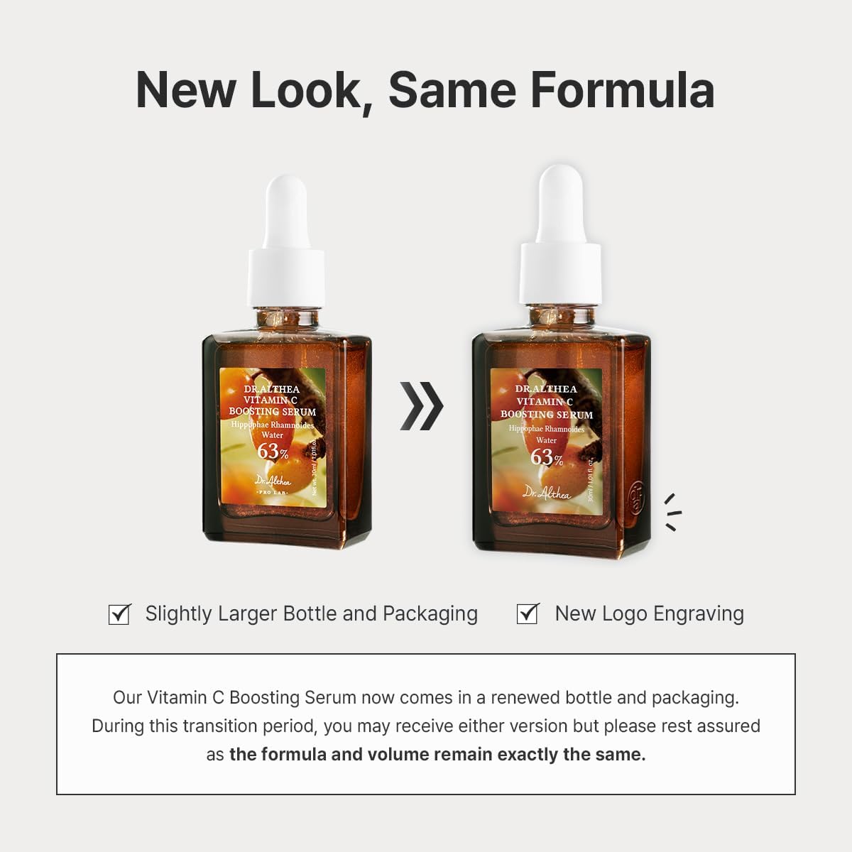 New look, same formula: the old and renewed bottles side by side, slightly larger with a new logo engraving