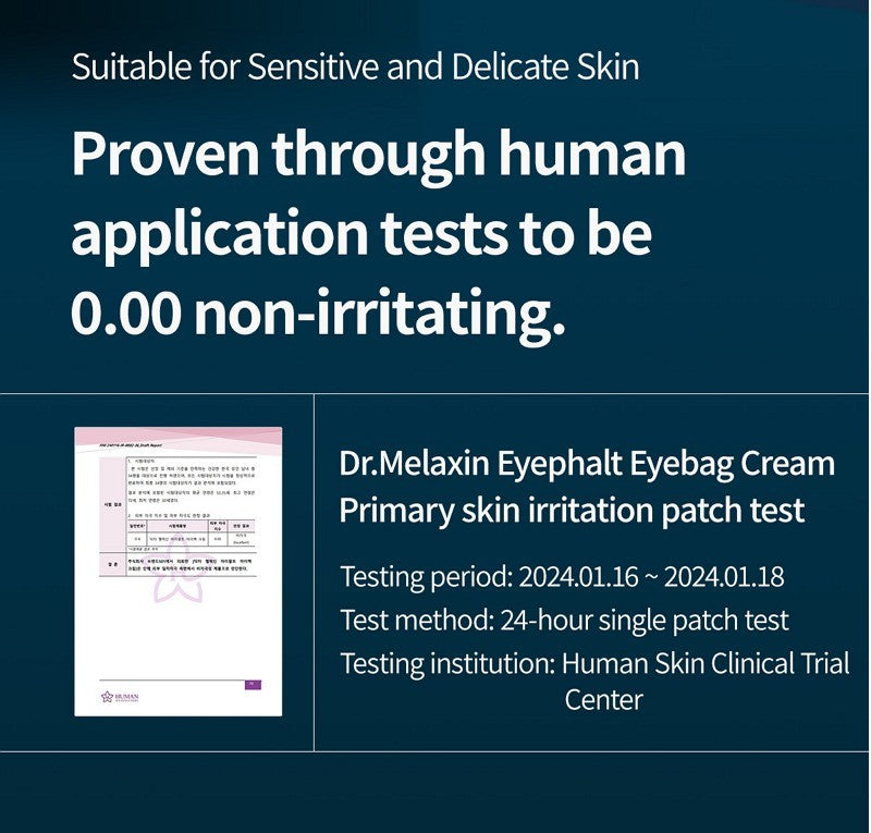 Dr.Melaxin Eyephalt Eyebag Cream 10ml primary skin irritation patch test result, shown as non-irritating and suitable for sensitive and delicate skin