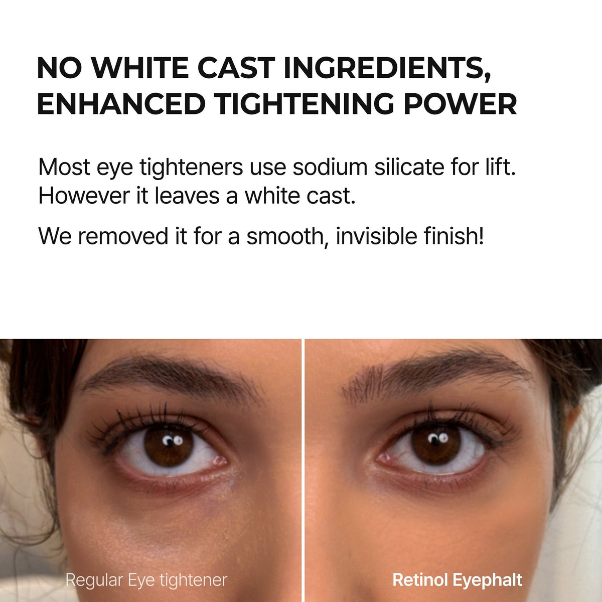 Dr.Melaxin Eyephalt Retinol Eyebag Cream 10g compared with a regular eye tightener, showing no white cast for a smooth, invisible finish