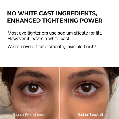 Dr.Melaxin Eyephalt Retinol Eyebag Cream 10g compared with a regular eye tightener, showing no white cast for a smooth, invisible finish