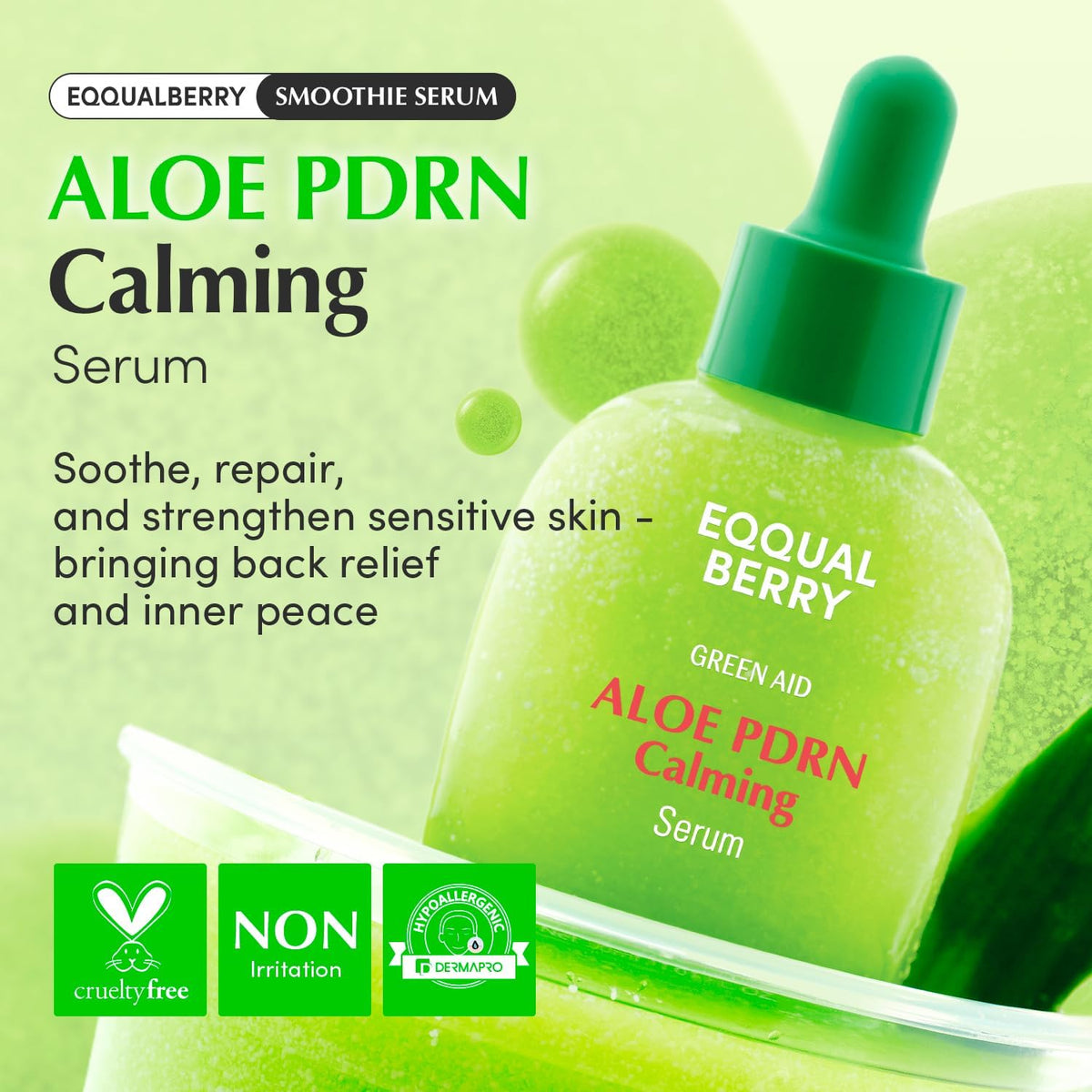 Aloe PDRN Calming Serum bottle on green aloe gel, a smoothie serum to soothe, repair and strengthen sensitive skin, cruelty-free and non-irritating
