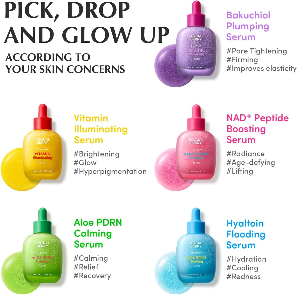 Pick, drop and glow up: the five Eqqualberry serums by skin concern - bakuchiol, vitamin, NAD plus peptide, aloe PDRN and hyaltoin flooding