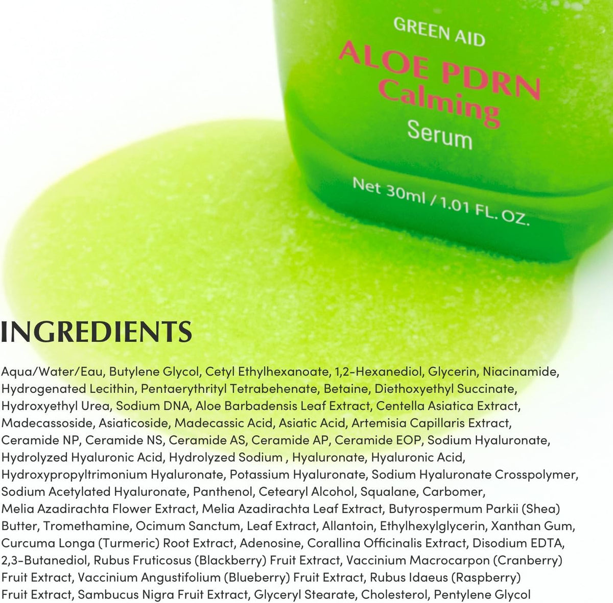 Full ingredients list beneath the Aloe PDRN Calming Serum bottle