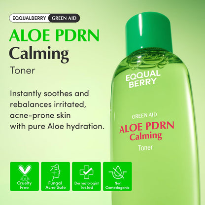 Aloe PDRN Calming Toner bottle on green: instantly soothes and rebalances irritated, acne-prone skin with pure aloe hydration; cruelty-free, fungal-acne safe, dermatologist tested, non-comedogenic