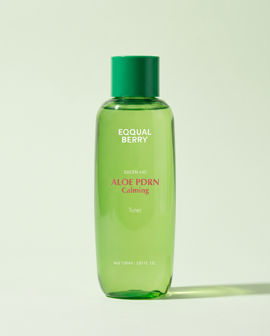 Eqqualberry Aloe PDRN Calming Toner 150ml - green toner bottle on a pale green background