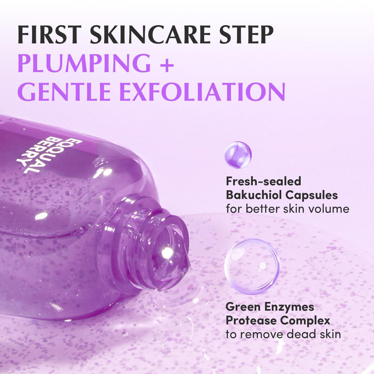 First skincare step, plumping plus gentle exfoliation: the bottle pouring capsules, with fresh-sealed bakuchiol capsules and a green enzyme protease complex
