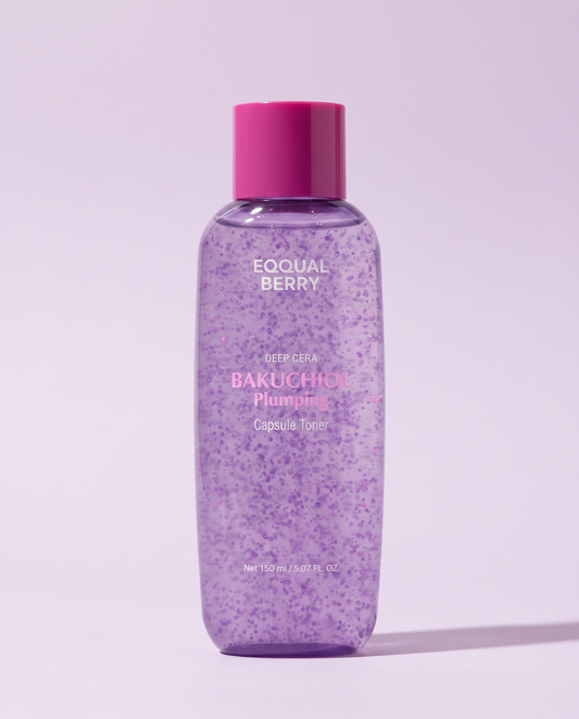 Eqqualberry Bakuchiol Plumping Capsule Toner 150ml - purple glitter toner bottle on a lilac background