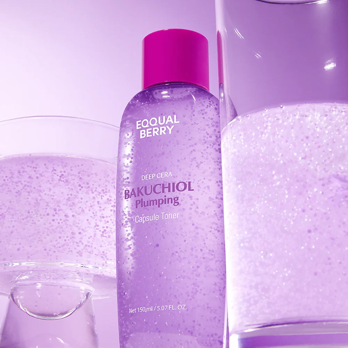 Eqqualberry Bakuchiol Plumping Capsule Toner 150ml - purple toner bottle beside glasses of the shimmering liquid