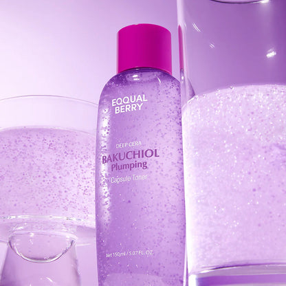 Eqqualberry Bakuchiol Plumping Capsule Toner 150ml - purple toner bottle beside glasses of the shimmering liquid