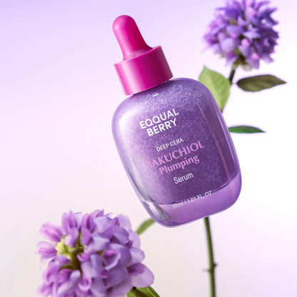 Eqqualberry Bakuchiol Plumping Serum 30ml - lilac glitter dropper bottle beside fresh purple blooms