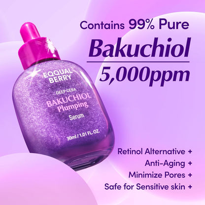 Bakuchiol Plumping Serum bottle on a purple background, containing 99% pure bakuchiol at 5,000 ppm as a retinol alternative