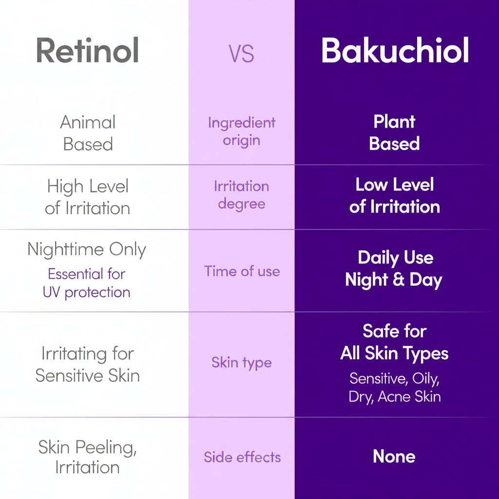 Comparison table of retinol versus bakuchiol: plant-based, low irritation, usable day and night, safe for all skin types, no side effects