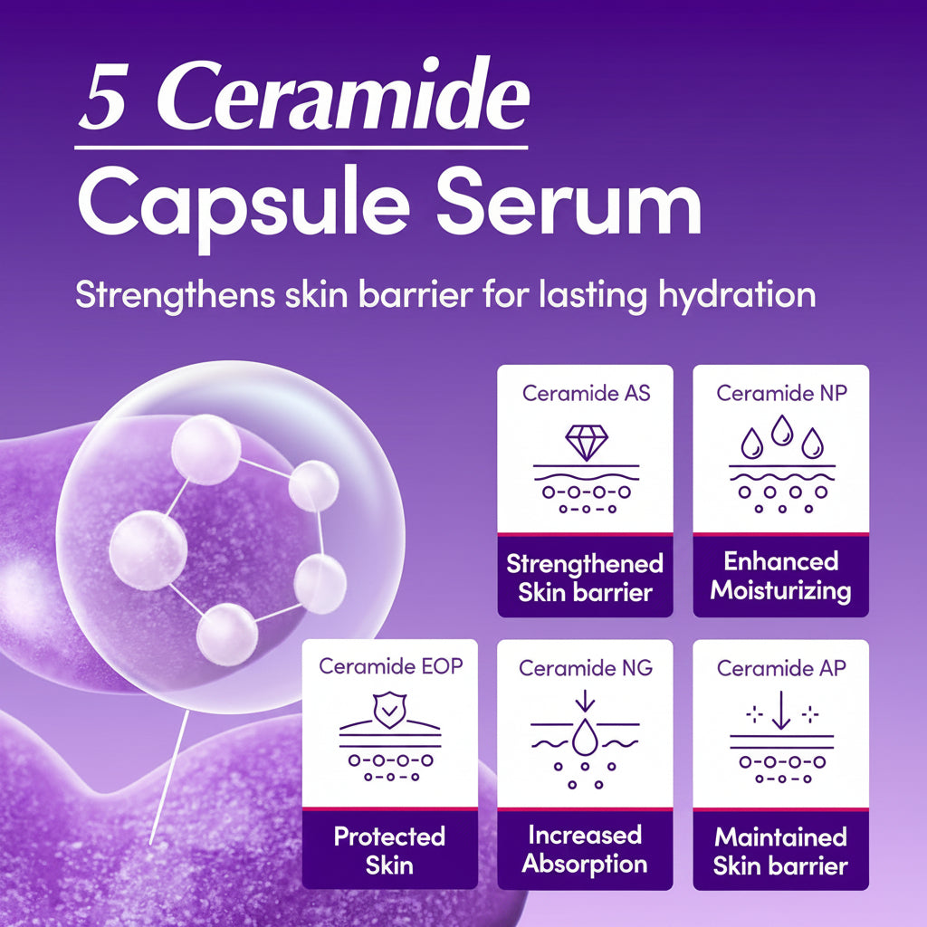 Five ceramide capsule serum explained: ceramides AS, NP, EOP, NG and AP for a strengthened, moisturised and protected skin barrier