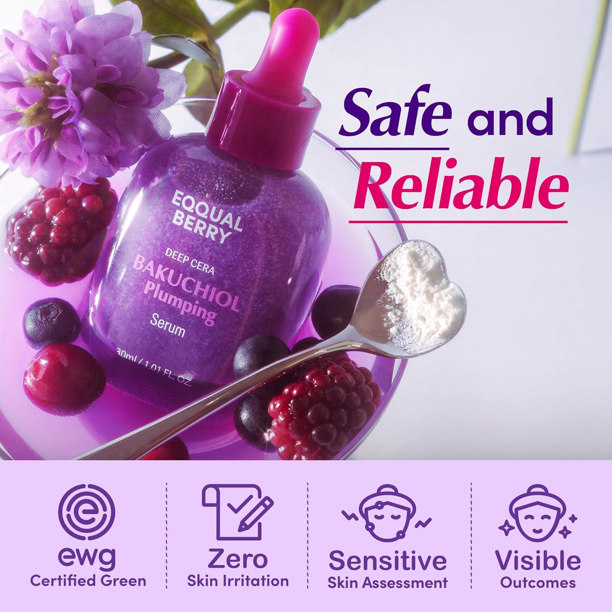 The bottle among berries and flowers, tagged safe and reliable: EWG certified green, zero skin irritation, sensitive skin assessed, visible outcomes