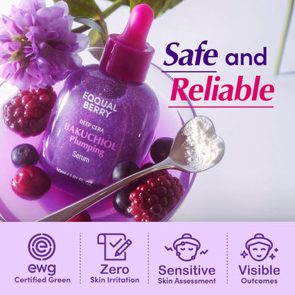The bottle among berries and flowers, tagged safe and reliable: EWG certified green, zero skin irritation, sensitive skin assessed, visible outcomes