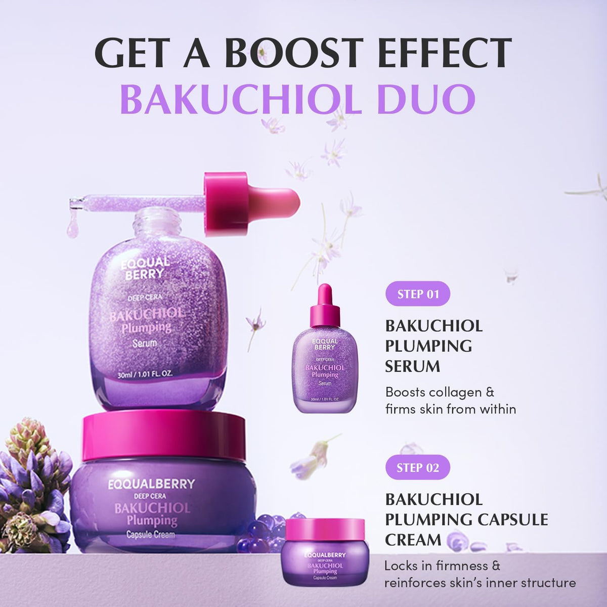 The Bakuchiol duo: the plumping serum as step one and the Bakuchiol Plumping Capsule Cream as step two