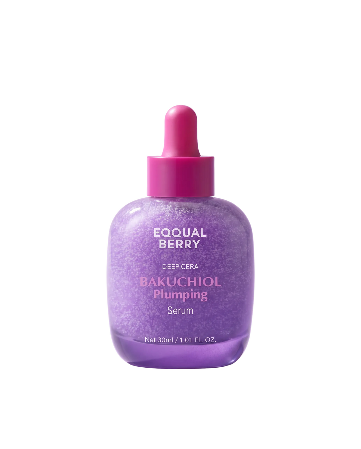 Eqqualberry Bakuchiol Plumping Serum 30ml - lilac glitter dropper bottle on a purple gradient background