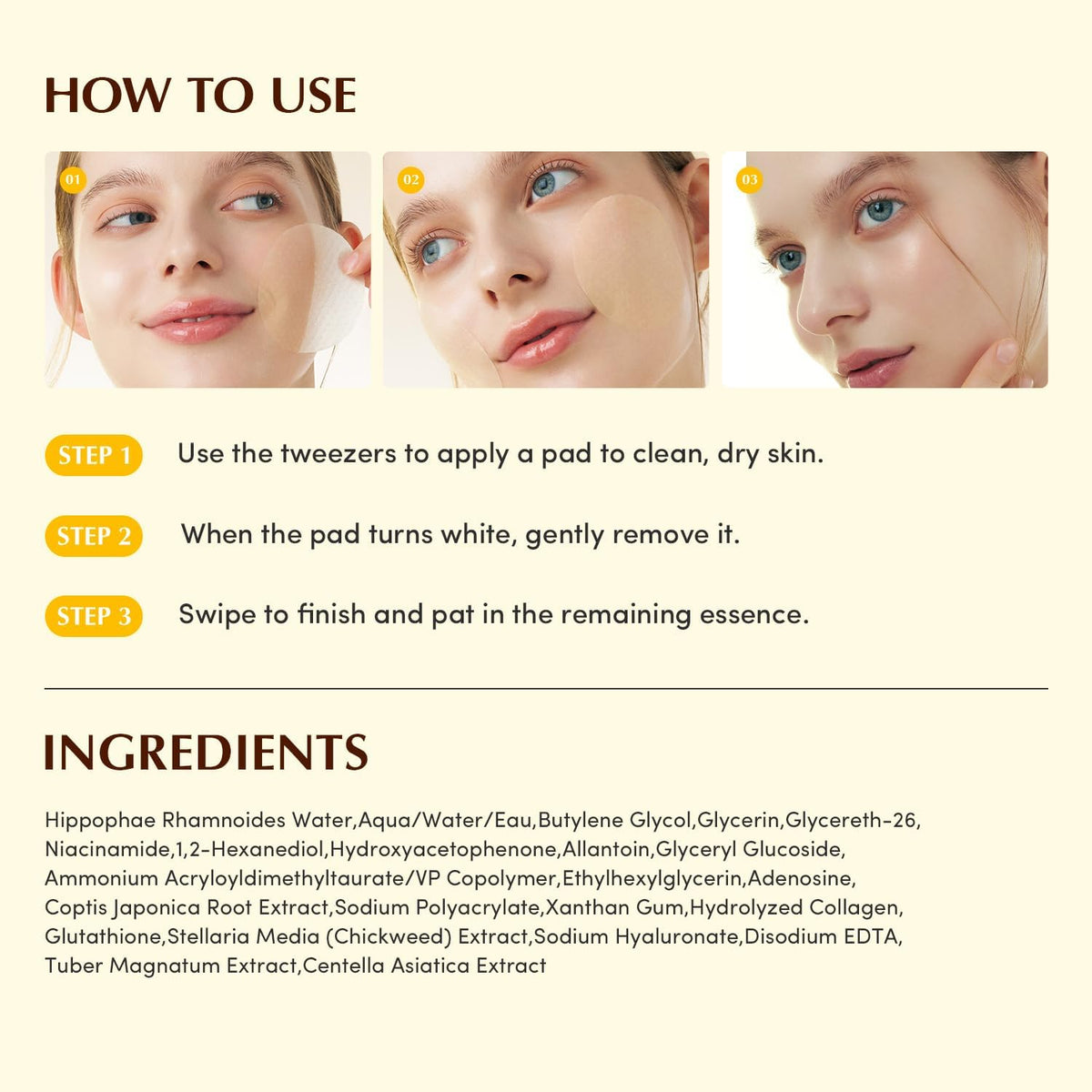 How to use in three photos - apply a pad with tweezers, remove when it turns white, swipe and pat - above the ingredients list