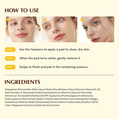 How to use in three photos - apply a pad with tweezers, remove when it turns white, swipe and pat - above the ingredients list