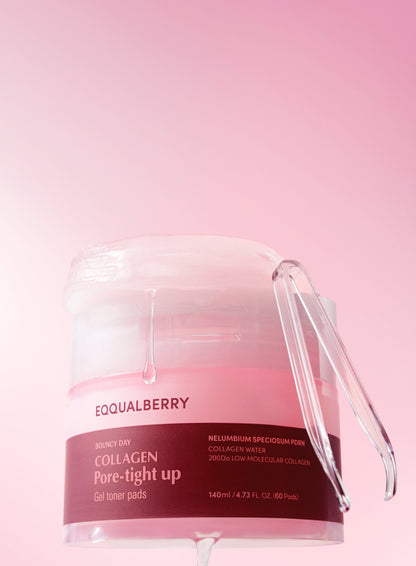 Eqqualberry Collagen Pore-Tight Toner Pads 60 Pads 140ml - open pink jar with the lid propped against it, pink background