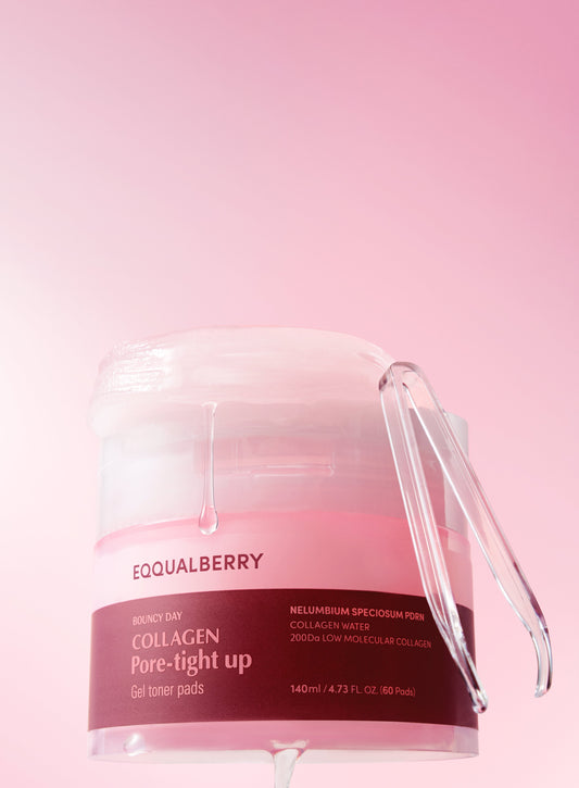 Eqqualberry Collagen Pore-Tight Toner Pads 60 Pads 140ml - open pink jar with the lid propped against it, pink background
