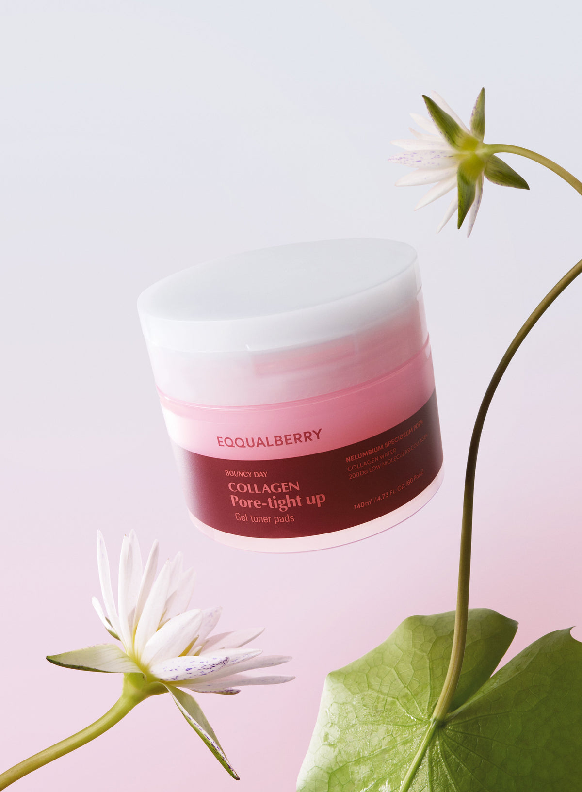 Eqqualberry Collagen Pore-Tight Toner Pads 60 Pads 140ml - pink ombre jar styled with a white waterlily and leaves