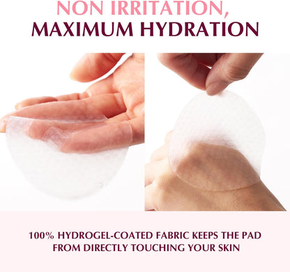 Non-irritation, maximum hydration: hands holding a translucent gel pad, 100% hydrogel-coated fabric keeps the pad from touching skin directly