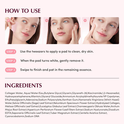 How to use in three photos - apply a pad with tweezers, remove when it turns white, swipe and pat - above the ingredients list