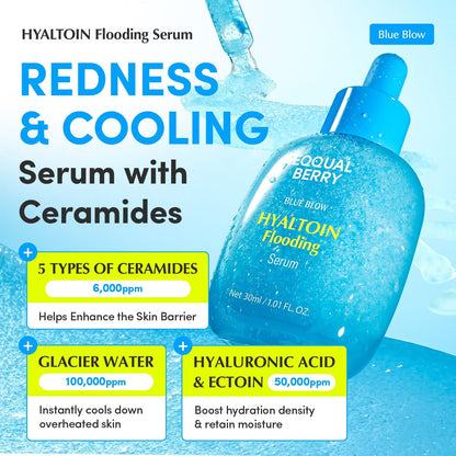 Hyaltoin Flooding Serum bottle in a splash, a redness and cooling serum with five ceramides, glacier water, hyaluronic acid and ectoin