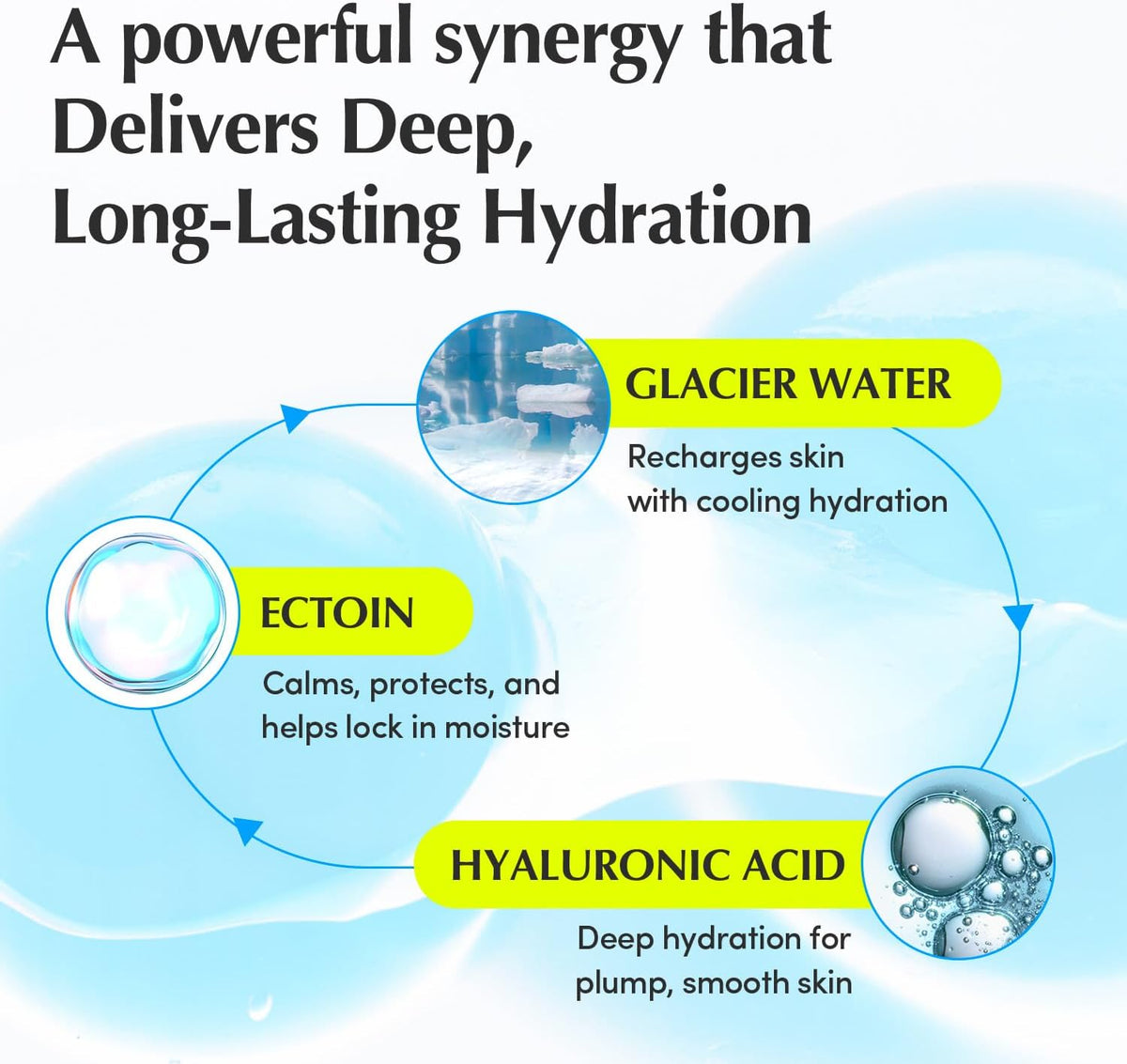 A synergy for deep, long-lasting hydration: glacier water, ectoin and hyaluronic acid shown in a cycle