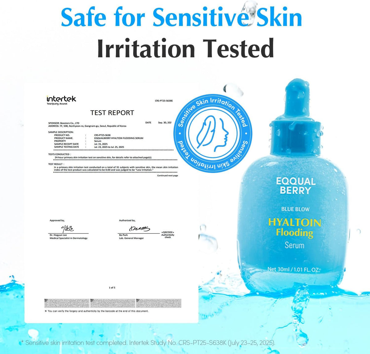 Safe for sensitive skin: the bottle beside its Intertek irritation test report