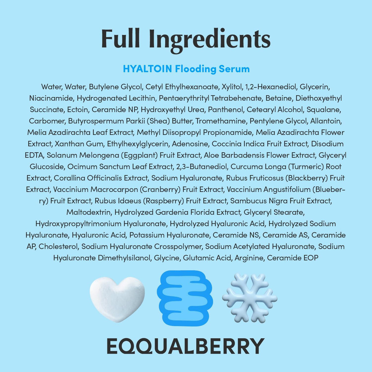 Full ingredients list for the Hyaltoin Flooding Serum on a blue background