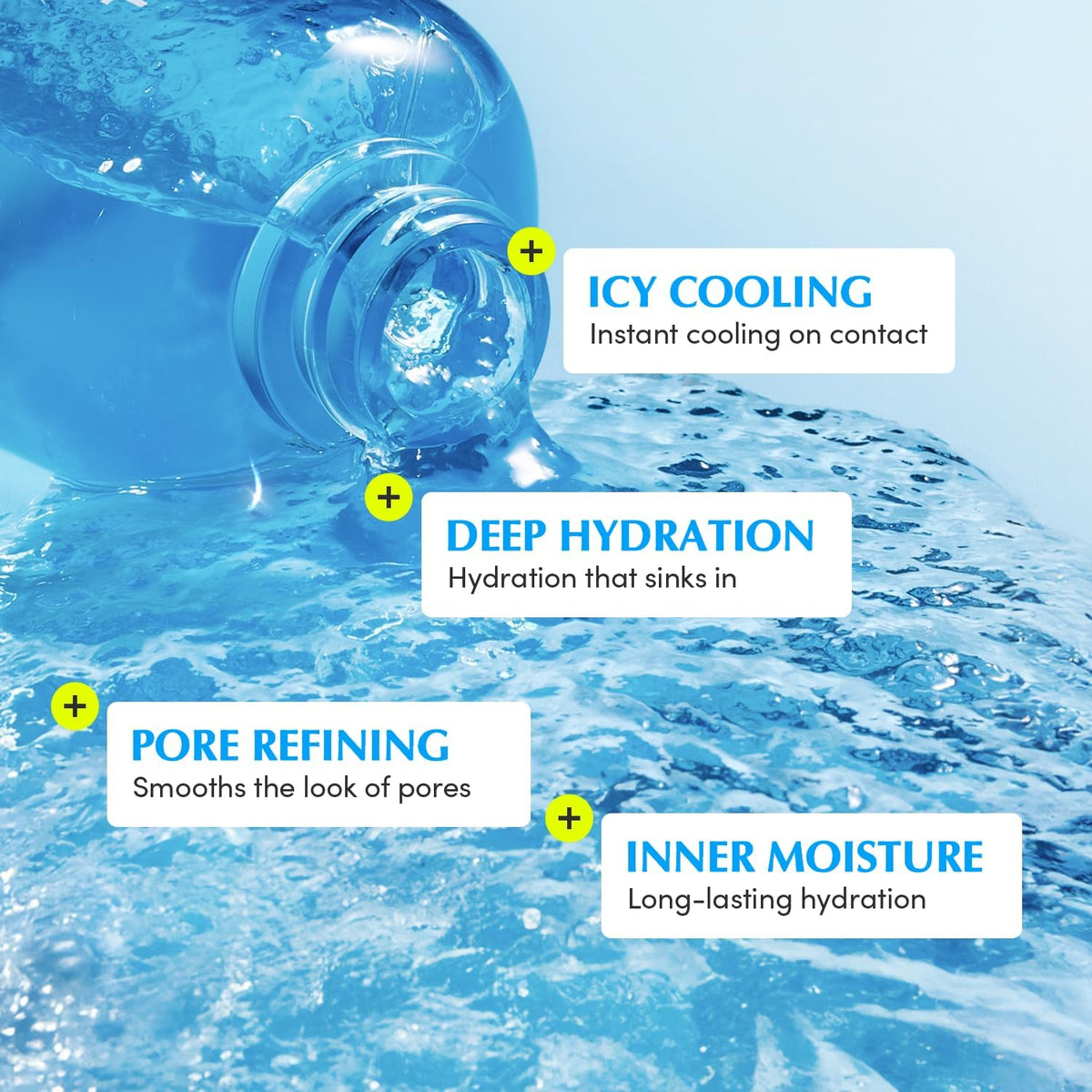 The bottle pouring into water with four benefits: icy cooling, deep hydration, pore refining, inner moisture