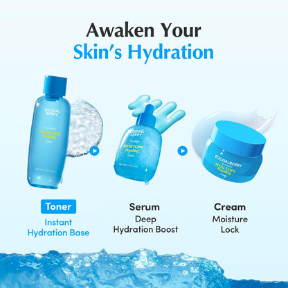 Awaken your skin's hydration: the Hyaltoin toner as an instant base, the serum as a hydration boost, and the cream to lock in moisture