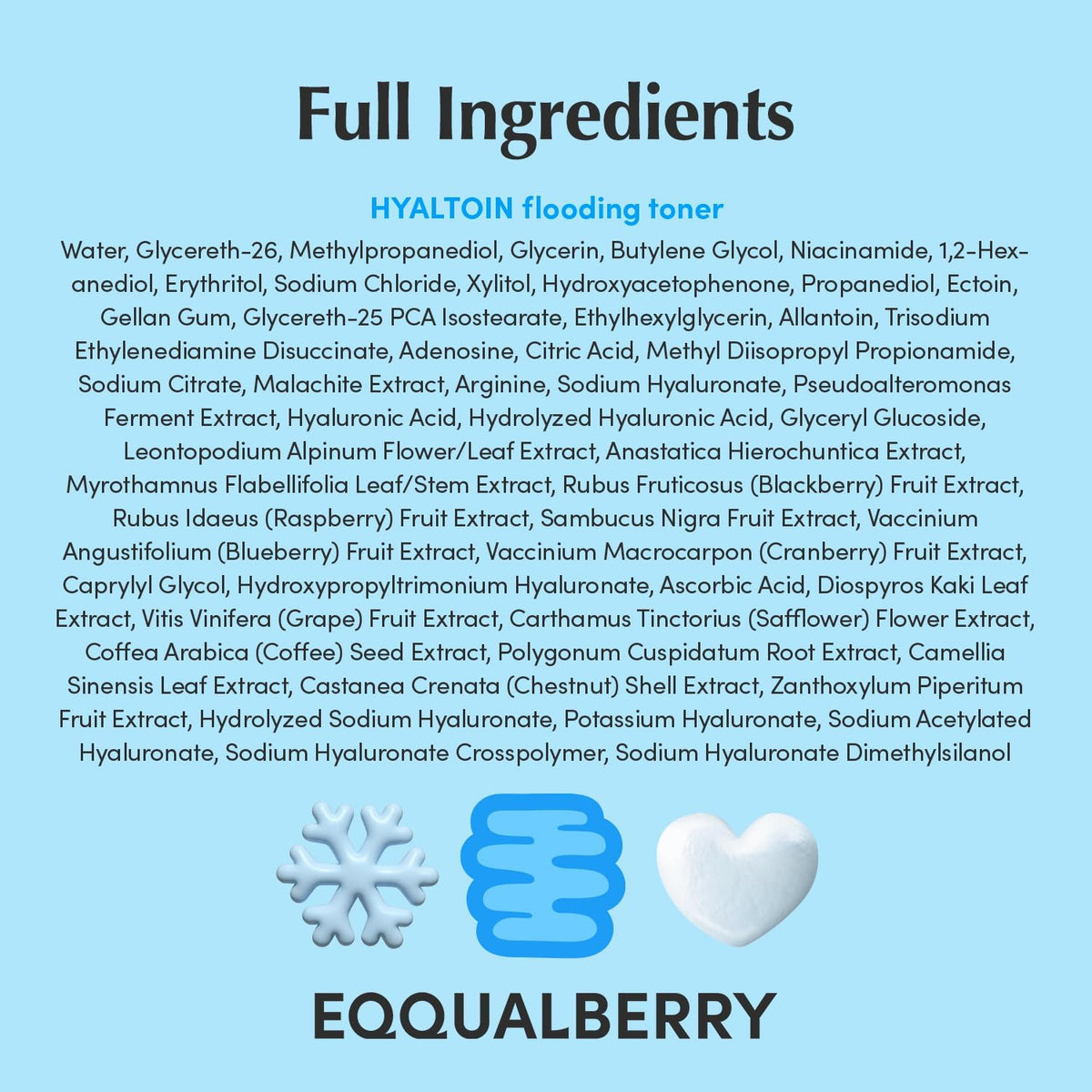 Full ingredients list for the Hyaltoin Flooding Toner on a blue background