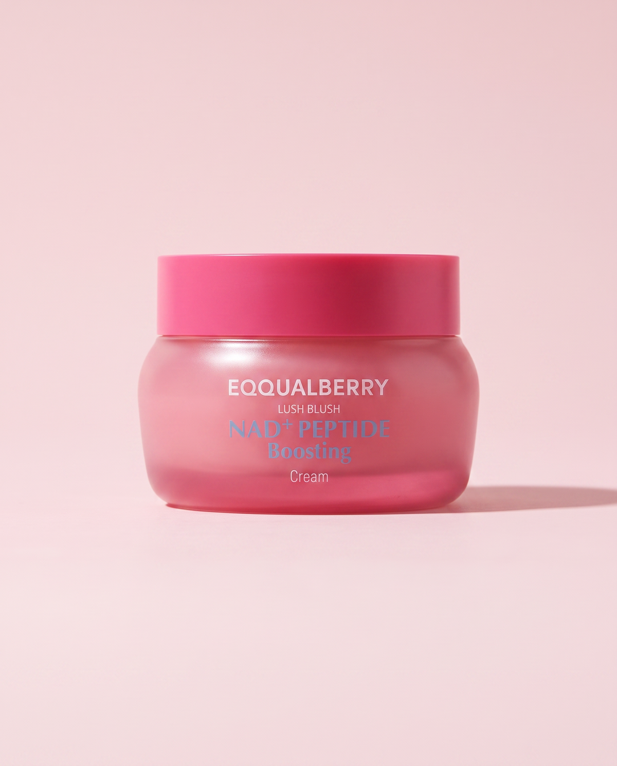 Eqqualberry NAD+ Peptide Boosting Cream 50ml - pink frosted cream jar, front label, pink background