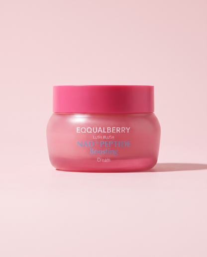 Eqqualberry NAD+ Peptide Boosting Cream 50ml - pink frosted cream jar, front label, pink background