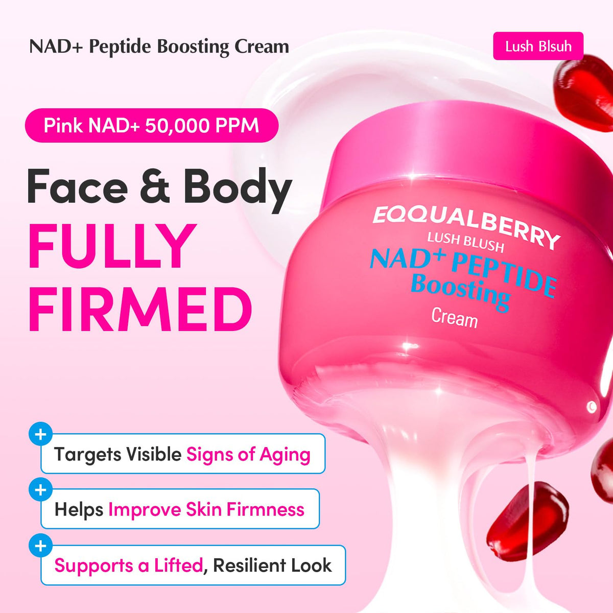 NAD plus Peptide Boosting Cream jar with pink NAD plus at 50,000 ppm, face and body fully firmed, targeting visible signs of ageing
