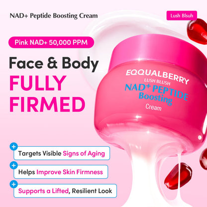 NAD plus Peptide Boosting Cream jar with pink NAD plus at 50,000 ppm, face and body fully firmed, targeting visible signs of ageing