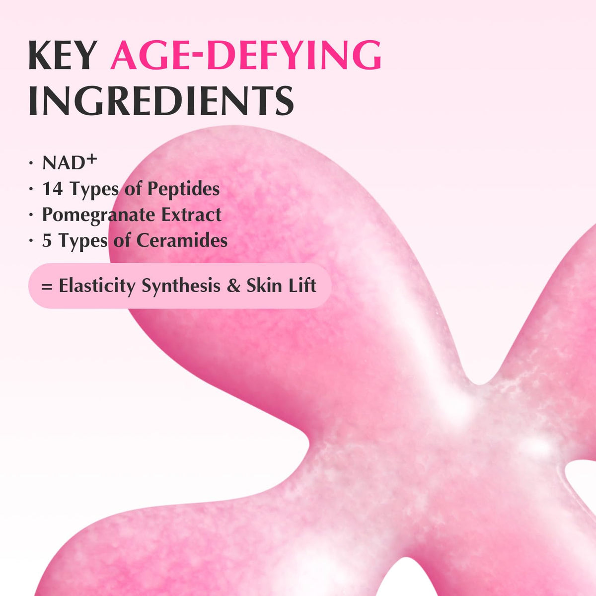 Key age-defying ingredients on a pink swirl: NAD plus, 14 types of peptides, pomegranate extract and five types of ceramides