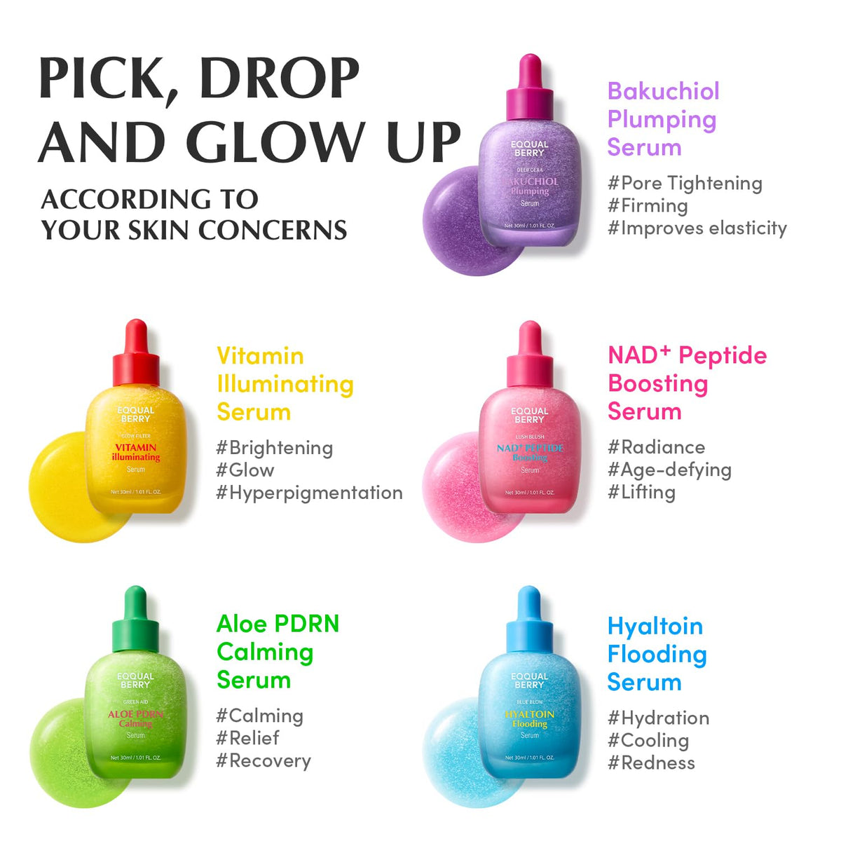 Pick, drop and glow up: the five Eqqualberry serums by skin concern - bakuchiol, vitamin, NAD plus peptide, aloe PDRN and hyaltoin flooding