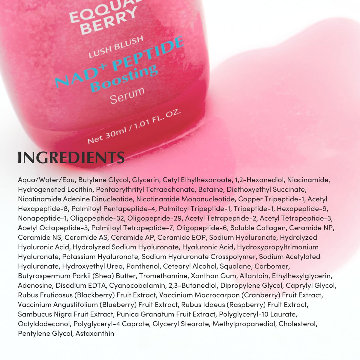 Full ingredients list beneath the NAD plus Peptide Boosting Serum bottle