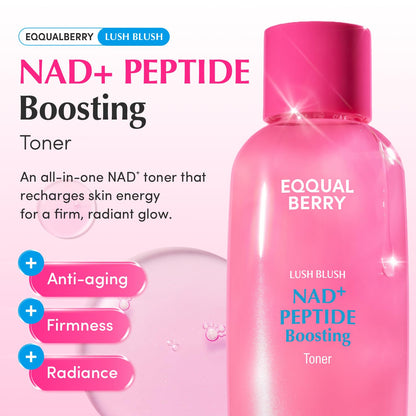 NAD plus Peptide Boosting Toner bottle on pink: an all-in-one NAD toner for a firm radiant glow, with anti-ageing, firmness and radiance