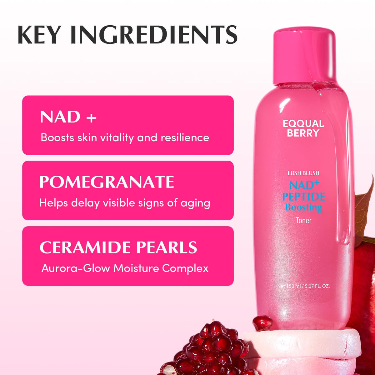 Key ingredients beside the bottle and pomegranate: NAD plus for vitality, pomegranate to delay signs of ageing, ceramide pearls in an aurora-glow complex