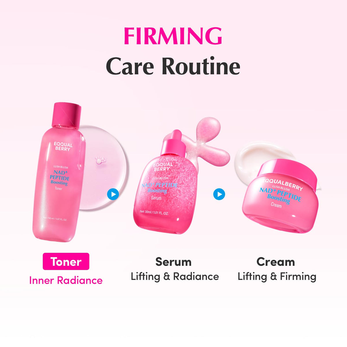 Firming care routine: the NAD plus toner for radiance, the serum for lifting and the cream for firming