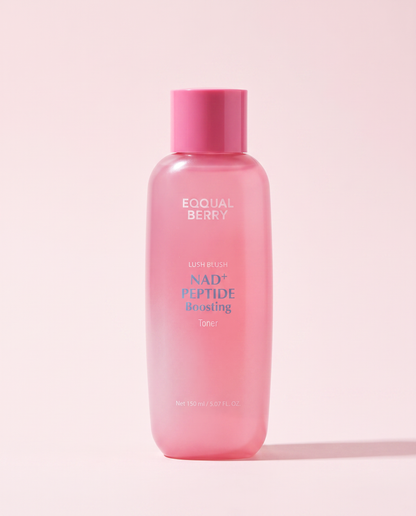 Eqqualberry NAD+ Peptide Boosting Toner 150ml - pink ombre toner bottle on a pale pink background